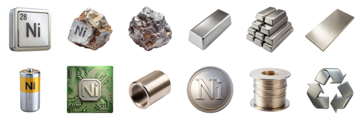 Nickel products and symbols isolated on transparent background. Features nickel bars, coins, batteries, and electronics in PNG collection