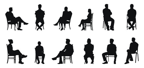Diverse individuals seated on chairs in different postures, vector illustration. Group of people sitting, representing waiting, meetings, or casual conversations.