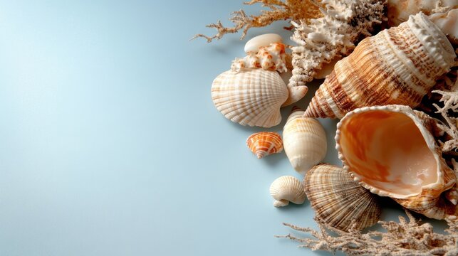 Seashell arrangement honoring brazilian festa de iemanj&aacute; with ocean-inspired flat lay design