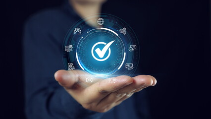 Standards quality control certification business technology concept.the check mark symbol represents the standard quality control.iso certified business.
