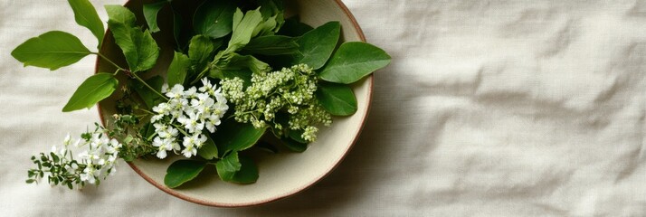Serene flat lay of greenery and blossoms for german whit monday celebration