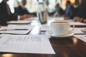 Business meeting setup featuring coffee and essential documents on the conference table