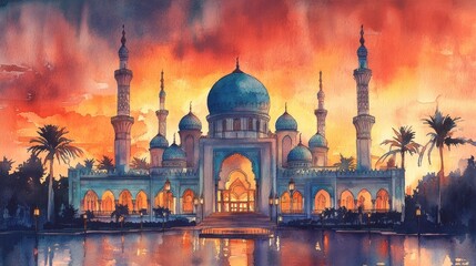 Watercolor Painting of a Mosque with Domes and Minarets at Sunset