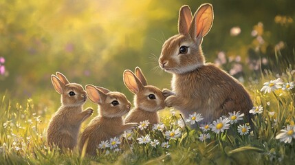 Obraz premium A mother rabbit and her three baby bunnies are standing in a field of daisies with the sun shining brightly behind them.