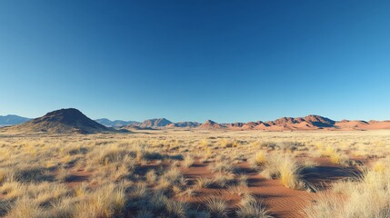 Obraz premium A vast, dry desert landscape with rolling hills and sparse vegetation under a clear blue sky.