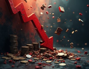An abstract representation of global economic decline and crisis, with scattered coins and debris symbolizing financial loss, instability, and a downward trend in the world economy.
