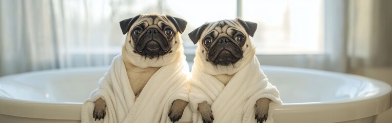 Obraz premium Two pugs are sitting side by side, each wrapped in a fluffy white bathrobe, looking content by a sunny window next to a bathtub, creating a charming moment