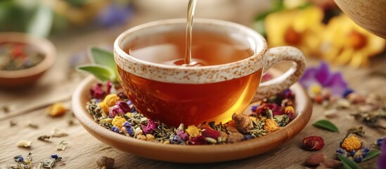Hot tea being poured into a teacup with dried flower petals on a wooden table.