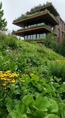 Sustainable architecture with diverse vegetation on green roofs and gardens