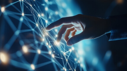 AI, Machine learning, Hands of robot and human touching on big data network connection background