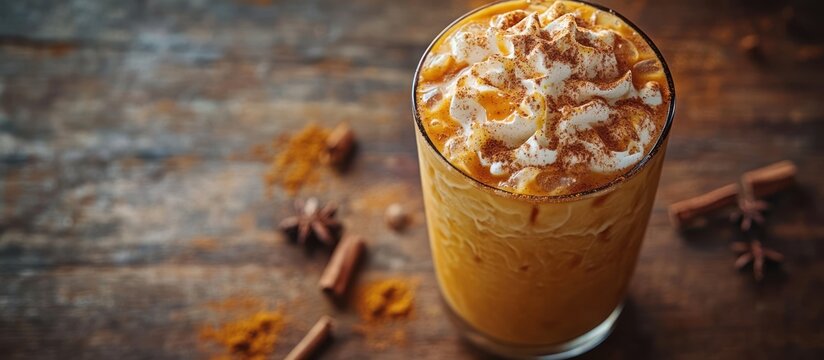Iced pumpkin spice latte with whipped cream and cinnamon on a wooden background.