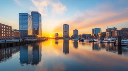 Fototapeta premium A scenic cityscape with modern skyscrapers reflected in a calm harbor at sunrise.