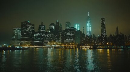 Obraz premium New York City skyline at night with illuminated skyscrapers