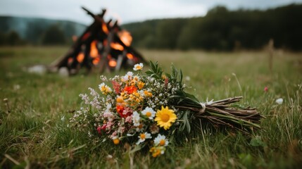 Swedish valborg celebration with floral arrangement and bonfire in the countryside