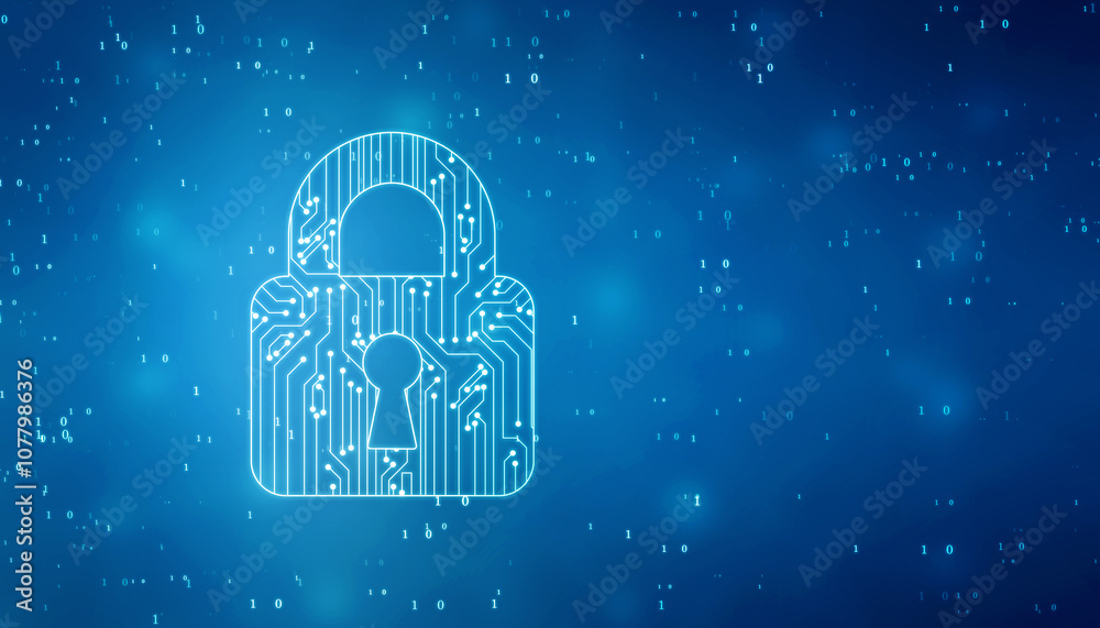 Poster closed padlock on digital screen with flowing binary codes, cyber security and safety information, p