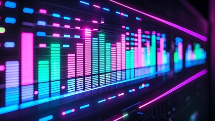 Fototapeta premium A digital sound equalizer with vibrant pulses - A dynamic, abstract illustration of a digital sound equalizer, with pulsing bars in bright neon colors like pink, blue, and green, moving in sync with t