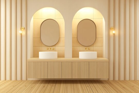 Modern Minimalist Bathroom Interior Design with Wooden Walls and Double Vanity