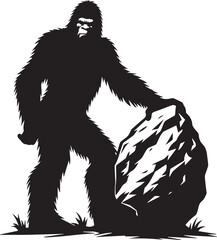Bigfoot silhouette posing with a large boulder