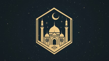 Fototapeta premium Golden Mosque Silhouette with Crescent Moon and Stars on a Dark Background