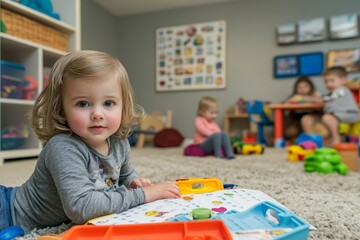 Playroom scene featuring young children engaged in activities with an organized calendar