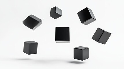 Black cubes suspended in mid-air against a white backdrop. A minimalist abstract concept.
