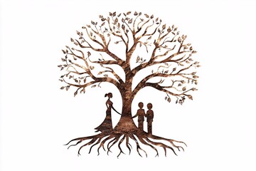 Isolated on white, a stylized family tree illustrates roots and branches representing heritage and lineage, perfect for genealogy themes.