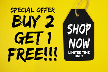 Buy 2 Get 1 Free!! special offer with price tag on yellow background