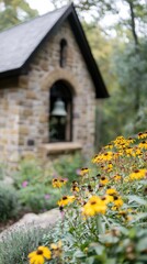 Tranquil church bells in blooming wildflower garden
