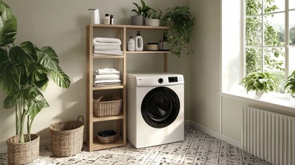 Modern Laundry Room with Stylish Washing Machine, Wooden Shelf, Towels, Plants, and Bright Natural Light Illuminating a Comfortable Space