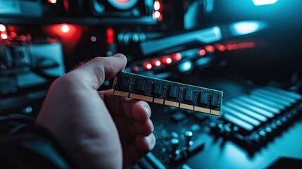 Close-up of a Hand Holding a Computer RAM Module with Glowing LED Lights in a Dark Electronic Setup for Technology and Gaming Themes