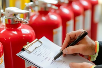 Engineer inspects fire safety equipment  close up of hands evaluating extinguishers and sprayers