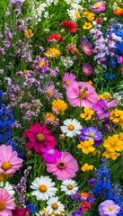 Obraz premium Enchanting garden landscape featuring a vibrant symphony of colorful wildflowers in full bloom