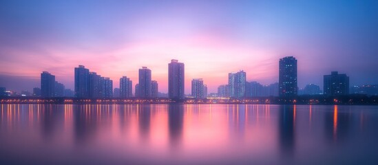 Fototapeta premium City skyline reflected in calm water at sunrise.