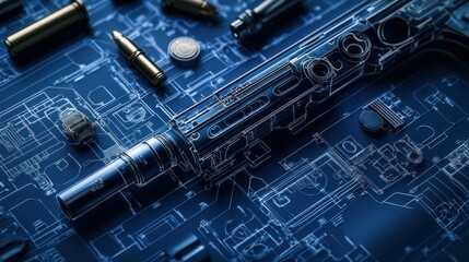 Fototapeta premium Photorealistic blueprint of a guns bolt and carrier group, with intricate parts such as the gas rings and extractor, highlighted in detail