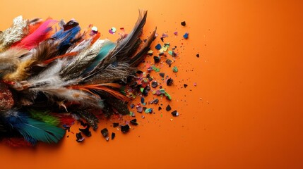 Vibrant celebration of paraguayan kamba festival with colorful feathers and confetti on orange background