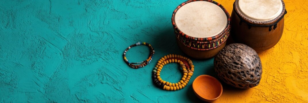 Vibrant brazilian maracatu flat lay with traditional drums and beads for cultural celebration design