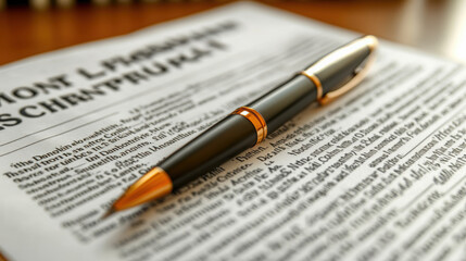close up of legal contract with sleek pen resting on it, symbolizing professionalism and attention to detail. document features fine print and formal language, emphasizing its importance