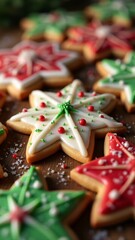 Christmas sugar cookies with intricate frosting designs in red, white, and green, sprinkled with sparkling sugar crystals