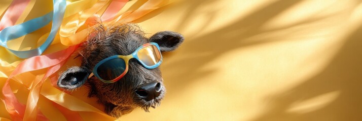 Vibrant flat lay of brazilian bumba meu boi festival with colorful ribbons and sunglasses