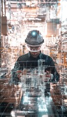 Engineer with helmet and tablet overseeing digital twin hologram of industrial factory design
