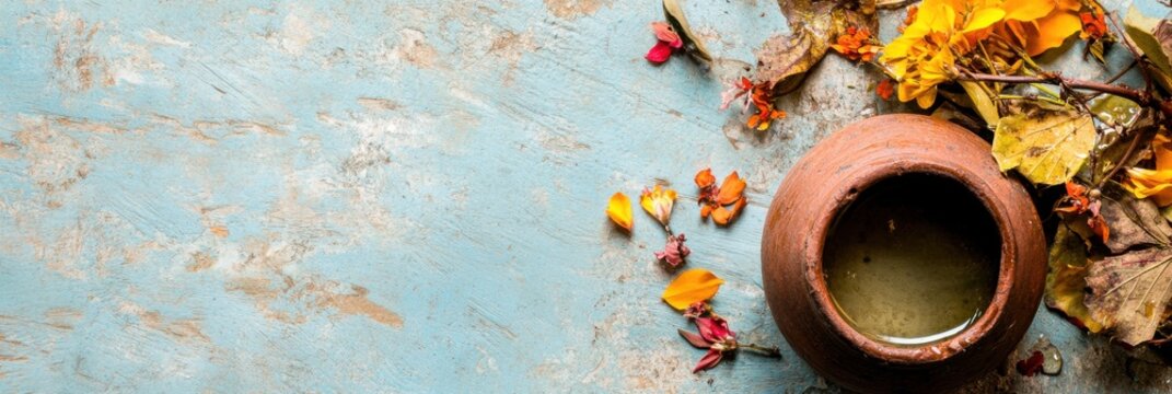Vibrant flat lay design celebrating burmese thingyan water festival with flowers and clay pot