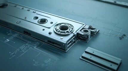 Obraz premium Photorealistic blueprint of a laptops hinge system, focusing on the metal joints, rotation mechanism, and durable design features