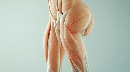 Detailed anatomical illustration of human leg muscles, showcasing the intricate structure and definition of the thigh.