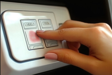 Close up of businesswoman using fingerprint scanner for security access. image highlights importance of biometric technology in modern workplaces