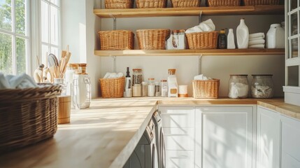 Cozy and Bright Modern Kitchen with Open Shelves, Natural Light, and Organized Storage Baskets for a Welcoming Cooking Space and Homey Atmosphere