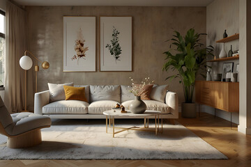 Hyper realistic and creative image for modern interior room design with warm and white background