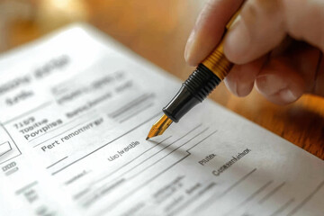 Detailed close up of hand holding fountain pen, filling out form. focus is on pen and paper, showcasing act of writing