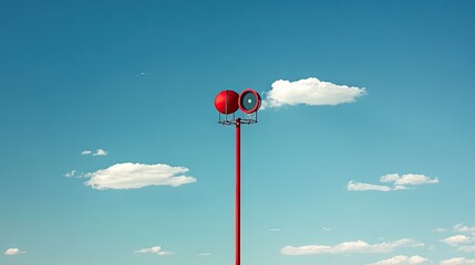 Bright Red Warning Signal Tower Against a Clear Blue Sky with Few Fluffy Clouds Highlighting Industrial Landscape in Open Area