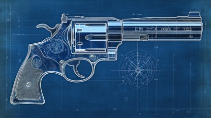 Photorealistic blueprint of a revolvers cylinder, showing the rotating mechanism, locking lugs, and ejector star with precise measurements
