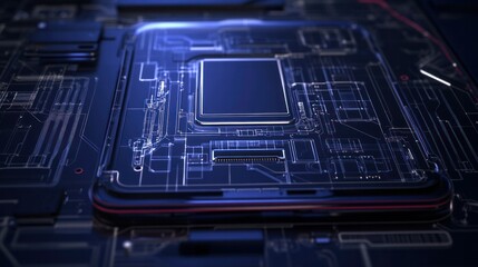 Photorealistic blueprint of a smartphone's battery compartment, showing the battery, connectors, and power management system in detail